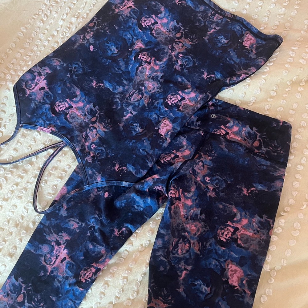 Lululemon Power Y Tank and Leggings in Moody Mirage Bark Berry Deep Navy Size 8